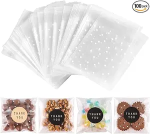 100PACK Self Sealing Cellophane Bags Clear Cookie Treat Bags Thank You for Gift Giving Candy with Stickers(White Polka Dot, 4x4 INCH)