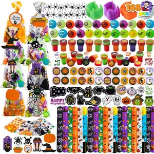SYNCFUN 168 Pcs Halloween Stationery Set, 24 Pack Goody Bags With Halloween Tag Including Vampire Teeth, Spiders, Stamps, Stickers, Slap Bracelets For Trick Or Treat, Party Favor