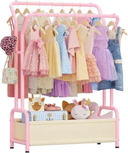 Kids Clothing Rack with Double Hanging Rods and Storage Basket, Child-Height Dress Up Storage for Toddler, Open Kids Closet for Baby Clothes, Costumes, Shoes and Toy, Kids Clothes Rack Bedroom Nursery