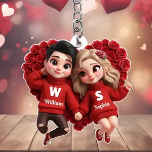 Personalized Rose Heart Couple Acrylic Keychain, Custom Cartoon Couple with Names Initials, Romantic Love Keepsake, Anniversary Valentine Gift