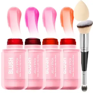 4-Piece Cream Contour Stick Kit with Highlighter, Blush, and Contour Cream Bronzer - Waterproof for Glowing Makeup with Brush & Sponge, Nourishing