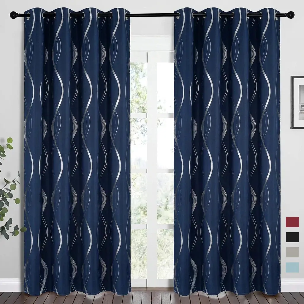4 Panel Blackout 100% Curtains, Gold Foil Wave Stripe Print, Room Darkening, Natural Drape, window drapes，Fits All Rod Types, Modern Minimalist Room Decor
