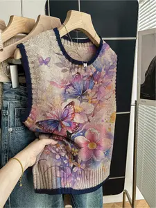 1 Piece Spring&Summer Back-to-School Casual Style Loose Round-neck Sleeveless Knitted Color-Contrasting Dark Blue Edged Patchwork Butterfly Floral Print Women's Knit Top, Knit Vest Tops, paired with vest, can be worn alone