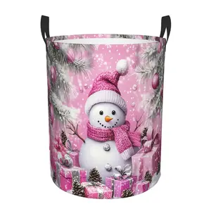 Christmas Snowman Laundry Hamper Basket - Pink & White Snowman with Scarf & Hat, Durable Polyester Storage Organizer with Sturdy Handles for Bathroom, Bedroom, Dorm, Living Room, - Holiday Gift Basket for Christmas Decorations, Laundry Baskets