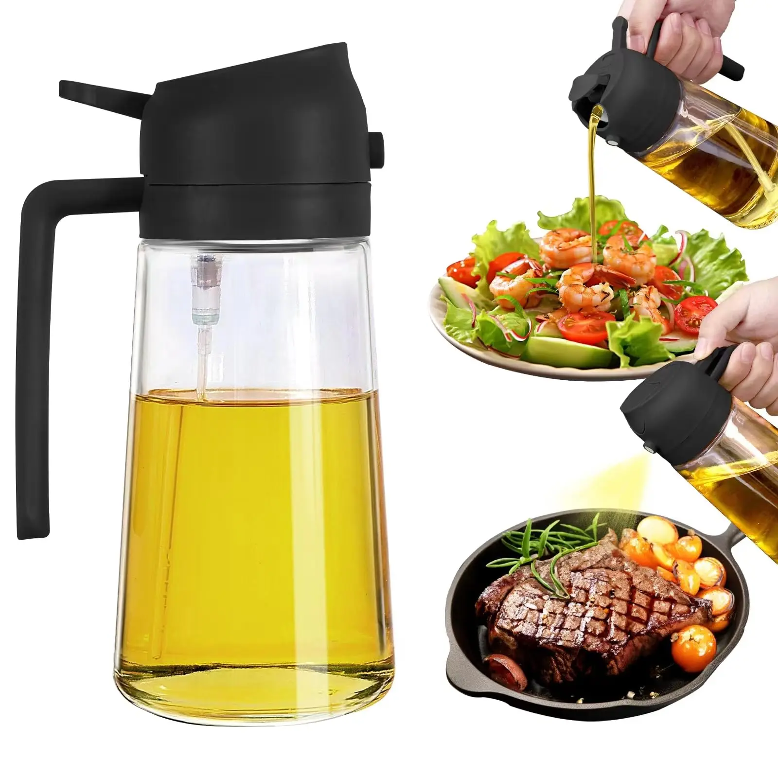 2-in-1 Oil Dispenser and Sprayer 470ml Glass Mister for Cooking BBQ Air Fryer Black Food Grade Spray Pour Bottle Utensils Kitchen Gadgets
