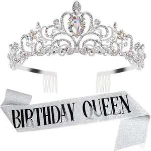 2PCS SET Birthday Queen Tiaras Crown for Women, Girls Princess Crowns for Women, Queen Tiara for Mom, Silver Birth Crown Headband Birth Sash, 30th 40th 50th Birthday Prom Party Decorations for Mother