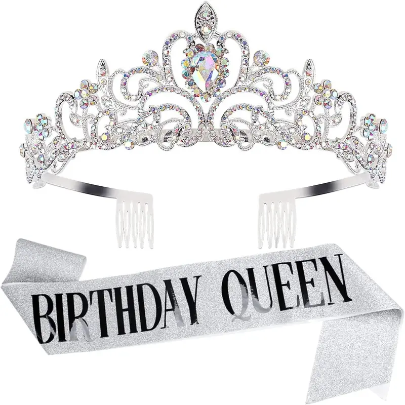 2PCS SET Birthday Queen Tiaras Crown for Women, Girls Princess Crowns for Women, Queen Tiara for Mom, Silver Birth Crown Headband Birth Sash, 30th 40th 50th Birthday Prom Party Decorations for Mother