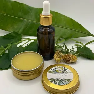 Calendula Serum with Rosemary Mango Peppermint Balm Duo Natural Ingredients & Gold-Topped Dropper Bottle