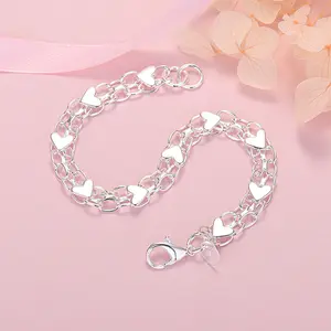 925 Sterling Silver Heart Bracelet Women Wedding Party Birthday Fashion Jewelry Elegant Durable Stylish Accessory Daily Wear Gift