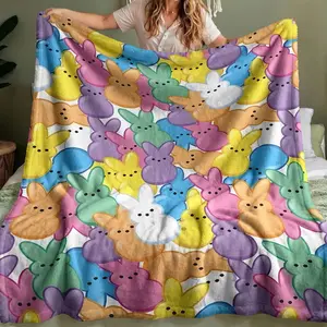 Easter Rabbit Theme Flannel Blanket, Boho Style, High Definition Print, Soft Warm Lightweight, All-Season Use, Sofa Bed Camping Yoga Travel, Multifunctional Blanket