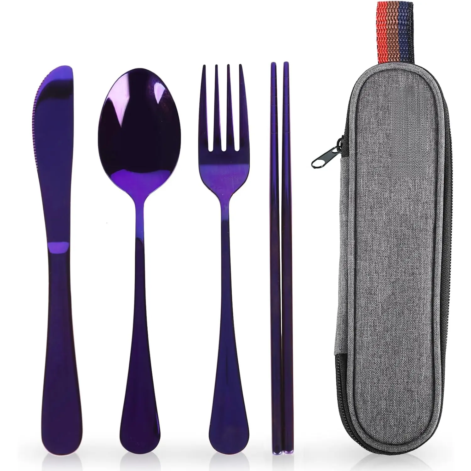 Travel Utensils with Case,  Portable Silverware Set for Work, Stainless Steel  Travel Cutlery Set, Fork and Spoon Set for Camping, EDC Gadgets, Lunch Box for Men, Purple