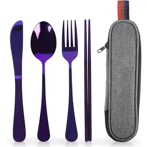 Travel Utensils with Case,  Portable Silverware Set for Work, Stainless Steel  Travel Cutlery Set, Fork and Spoon Set for Camping, EDC Gadgets, Lunch Box for Men, Purple