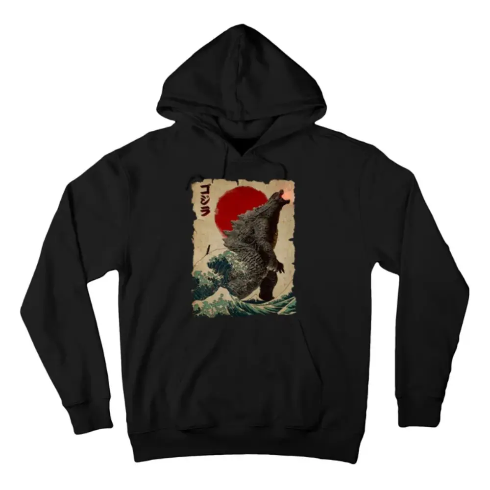 Vintage Japanese Godzilla Great Wave Poster Hoodie Stylish Black Pullover Sweatshirt with Drawstring Casual Fashion Gift for Him