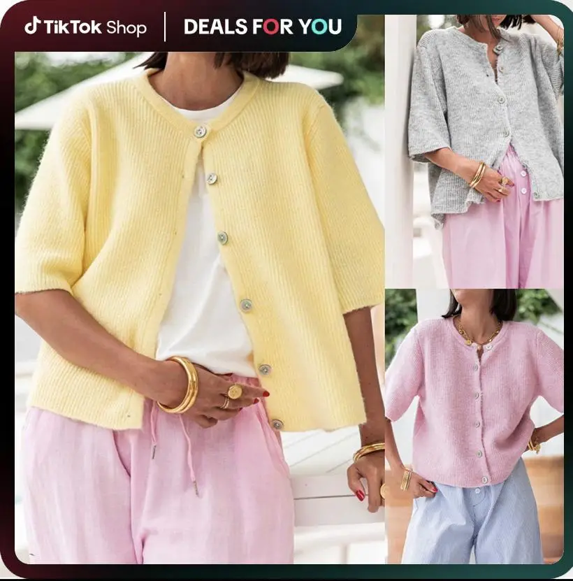 Women's Autumn Knit, Cardigan Half Sleeve Round Neck Solid Color Button Up Knitwear, Long Sleeves Knitwear, Lady's Knitwear for Fall & Winter, Ladies