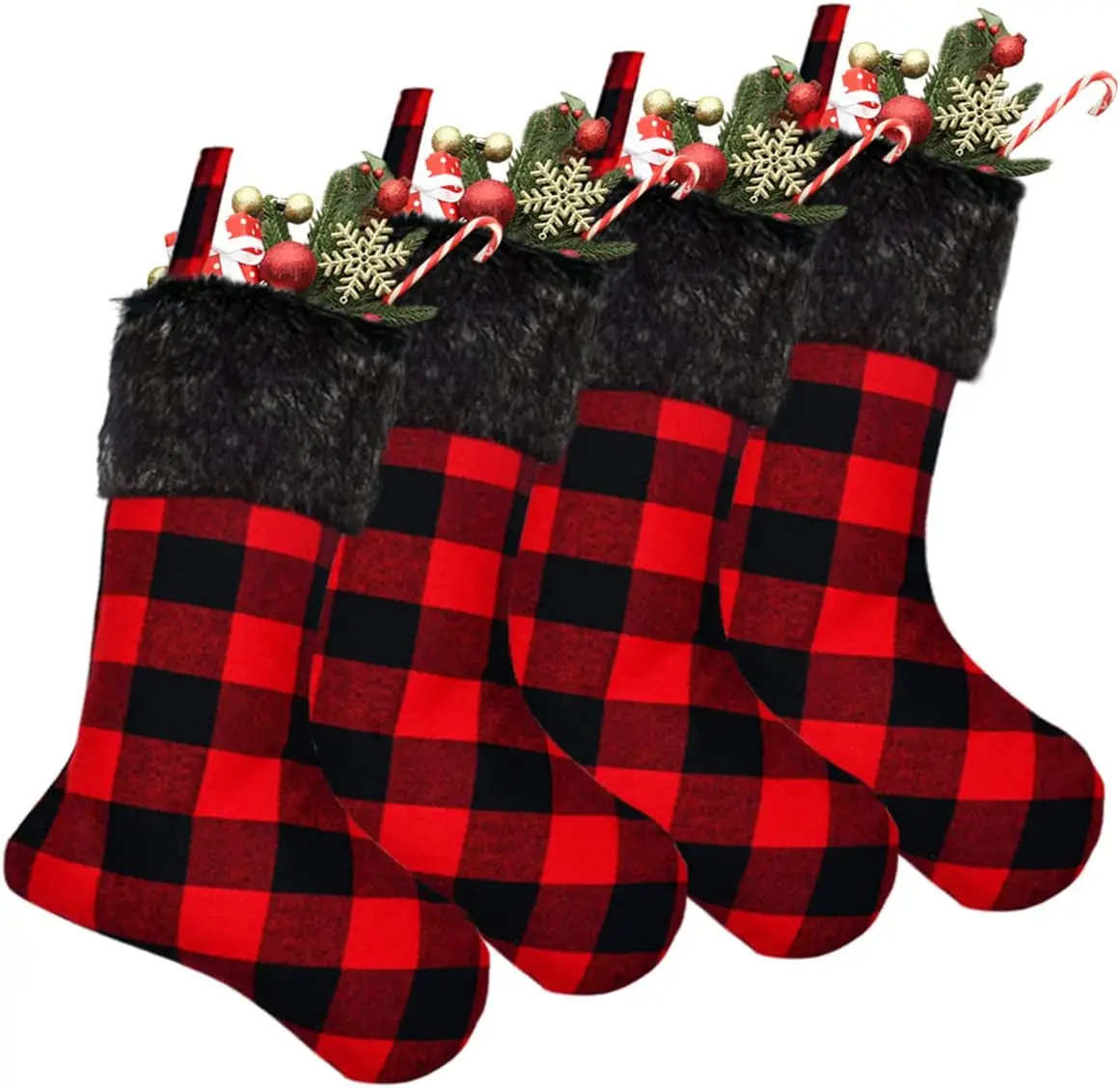 Christmas Stockings- 4 Pack 18" Red Black Buffalo Plaid Stockings with Plush Faux Fur Cuff, Classic Large Christmas Stockings Decorations for Family Christmas Holiday Party Decor