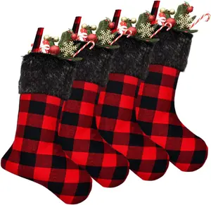 Christmas Stockings- 4 Pack 18" Red Black Buffalo Plaid Stockings with Plush Faux Fur Cuff, Classic Large Christmas Stockings Decorations for Family Christmas Holiday Party Decor