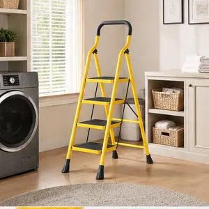 4 Step Folding Step Stool Ladder with Handrails, Anti-Slip Wide Pedals, Heavy Duty Carbon Steel, 500 lbs Capacity, Portable Foldable Design for Home Kitchen Office Garage Warehouse, Yellow, Yellow Color Options, Carbon steel Material