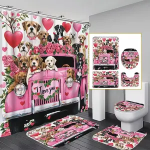 1/4pcs Valentine's Day Romantic Rose Dog Truck Shower Curtain Set, Includes Toilet Seat Cover, Mat, U-Shaped Pad, Perfect Bathroom Decor Gift