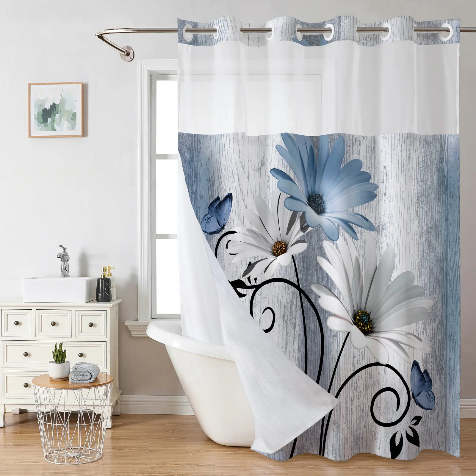 Blue Floral Pattern Hookless Shower Curtain with Removable Snap-In Liner & Mesh Top Window, Easy Install No-Hook Design, Waterproof & Machine Washable, Durable Fabric for Modern Bathroom Decor, 72× 75in