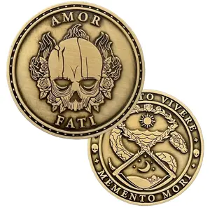 Brigada Sales Stoic Challenge Coin, 1.75" Memento Mori Skull & Amor Fati Design, Gold Zinc Alloy Worry Coin for Men
