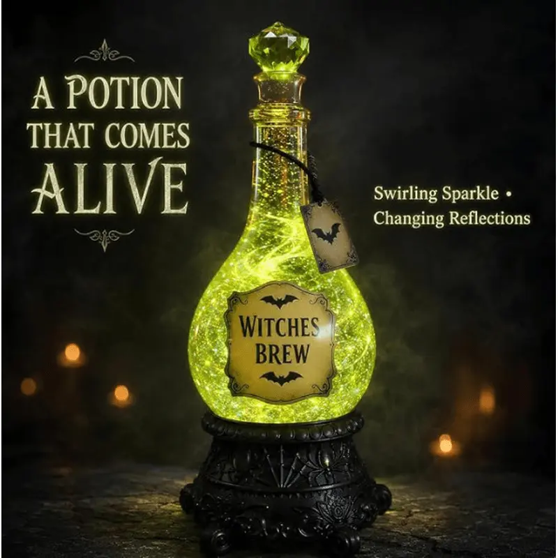 Witches’ Brew Poison Bottle Glitter Globe, Green Halloween Apothecary Decoration with Swirling Glitter Effect Spooky Witchy Tabletop Decor for Mantel Shelf Party Home Office babaitou(Without batteries, Bring your own AG10 batteries)