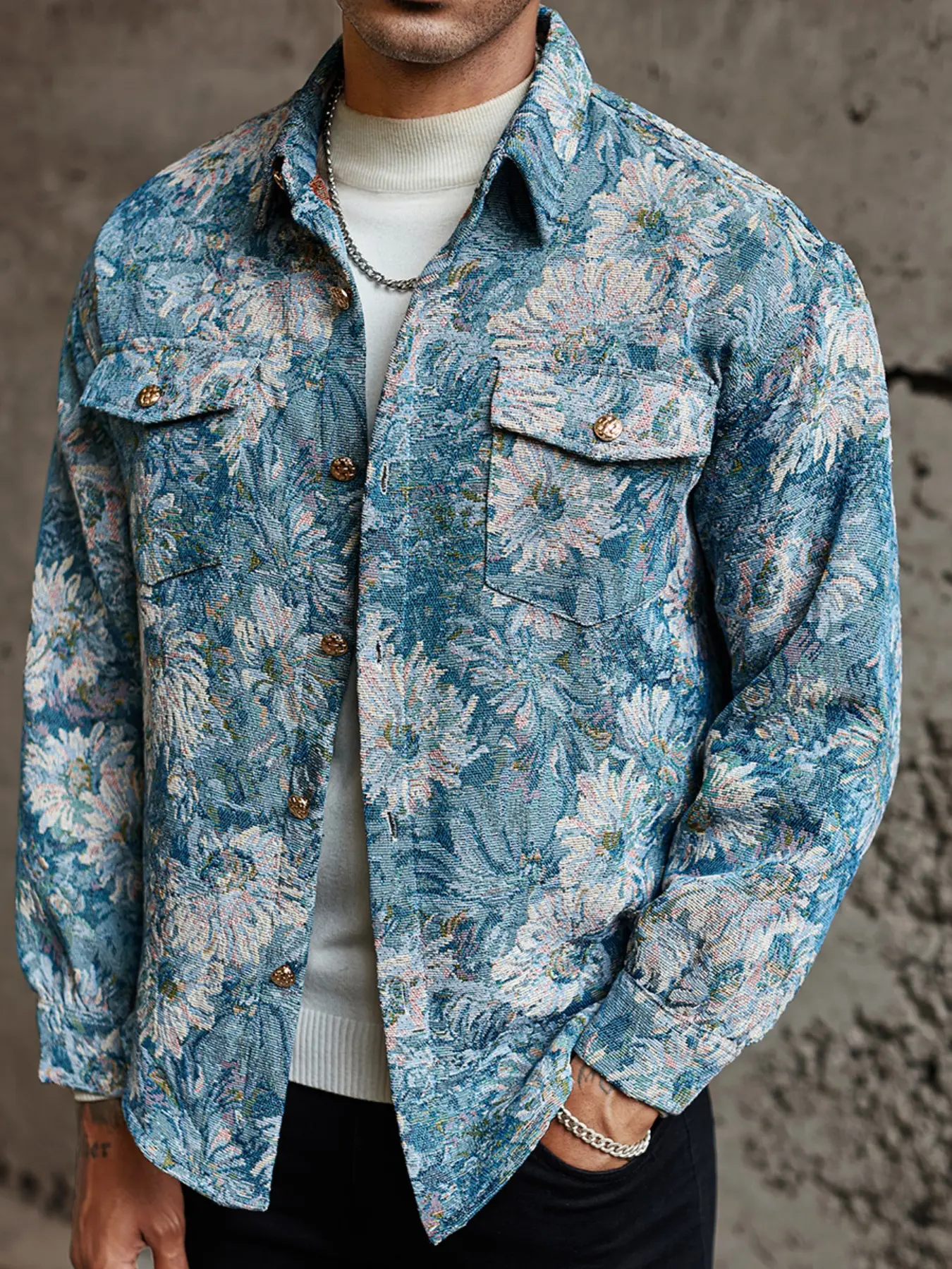 Men's Retro Vintage Luxury Fashion Floral Jacquard Shirt Jacket - Lightweight Fitted Long Sleeve, Cargo Pocket, Perfect for Couples, Ideal Gift for Him