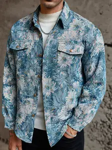 Men's Retro Luxury Floral Jacquard Shirt Jacket - Lightweight Fitted Long Sleeve, Cargo Pocket, Perfect for Couples, Ideal Gift for Him