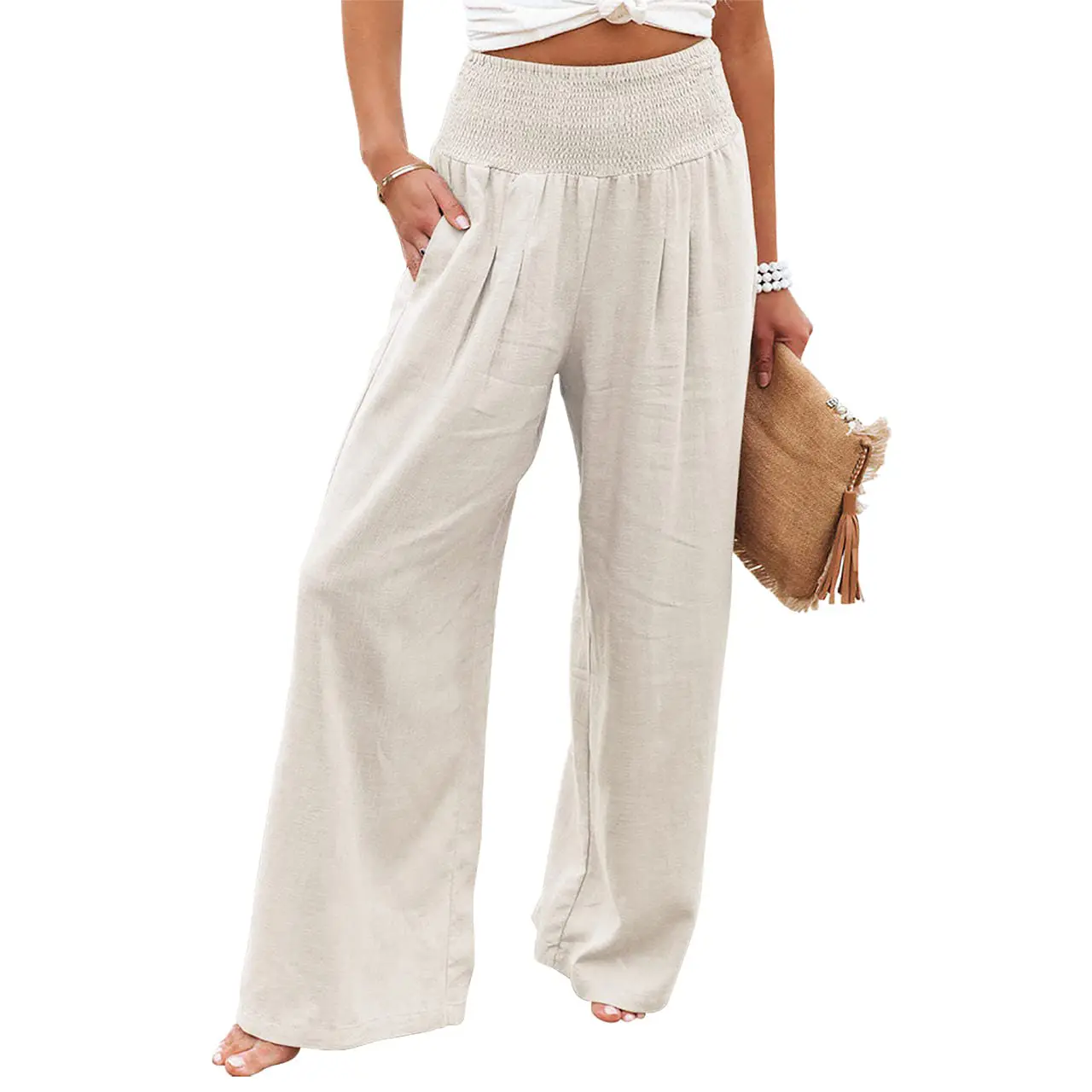 CHOUYATOU Women's Chic Cotton-Linen Palazzo Pants, Smocked High-Waist Wide-Leg Bottoms with Pockets, Tank Tops