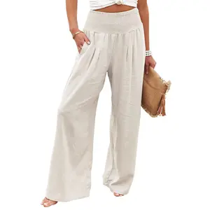 Chouyatou Women's Smocked High Waisted Cotton Linen Wide Leg Pants Palazzo with Pockets