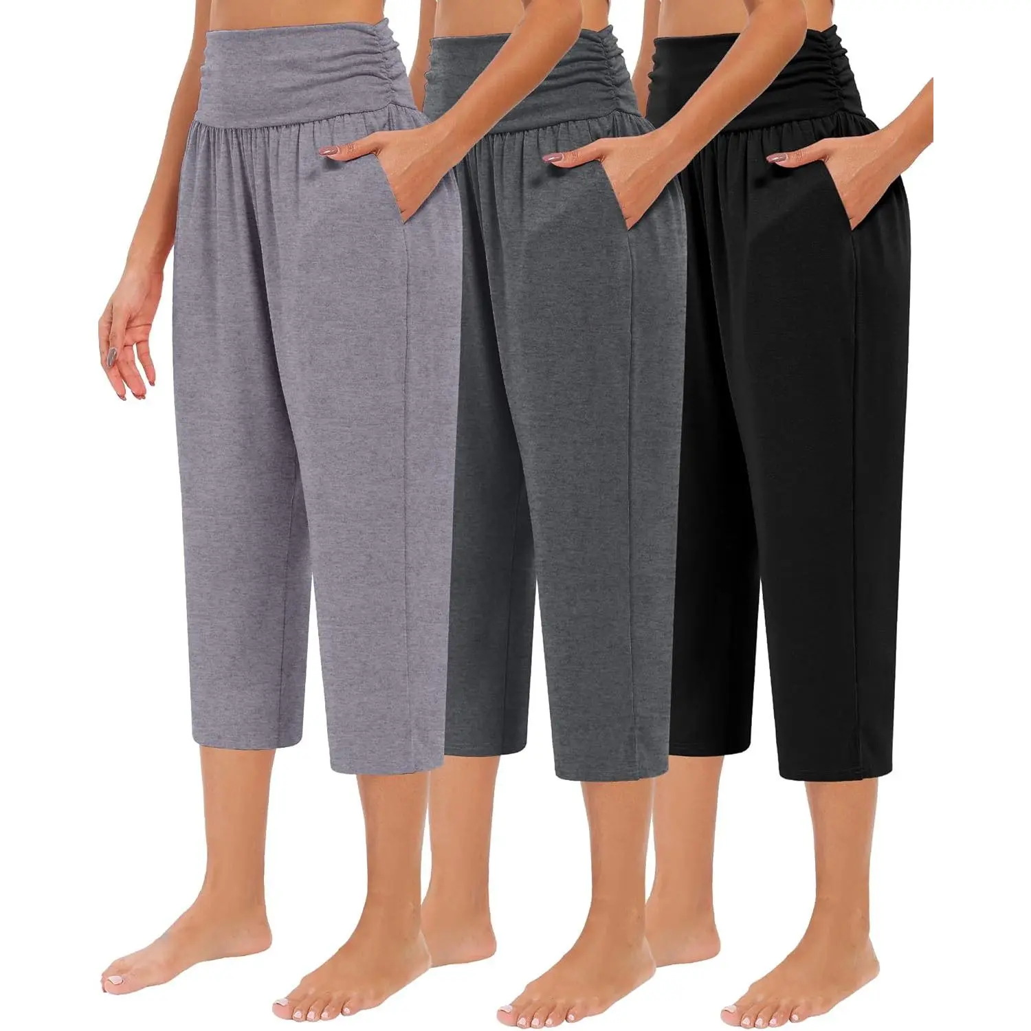 Women's 3-Pack Minimalist Basic High-Waist Loose-Fit Capri Pants with Pockets, Capri Pants Women for Casual Summer Yoga Lounge Wear