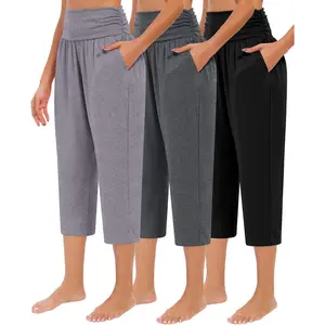 Women's 3-Pack Minimalist Basic High-Waist Loose-Fit Capri Pants with Pockets, Capri Pants Women for Casual Summer Yoga Lounge Wear