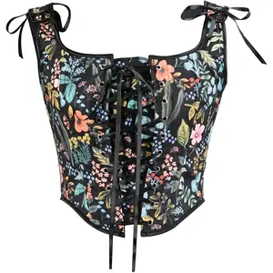 Women Vintage Floral Camisole Flower Embroidery Pattern Tight Vest Drawstring Tie-up Tank Top Suspender Corset Print Style