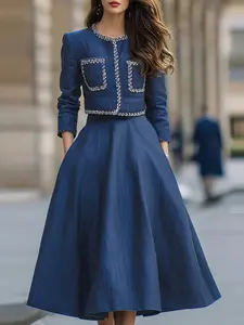 ZANZEA Women's Casual Everyday Set, Round Neck Long Sleeve Color Block Patch Pocket Short Shirt + Back Waist Elastic Skirt with Pockets