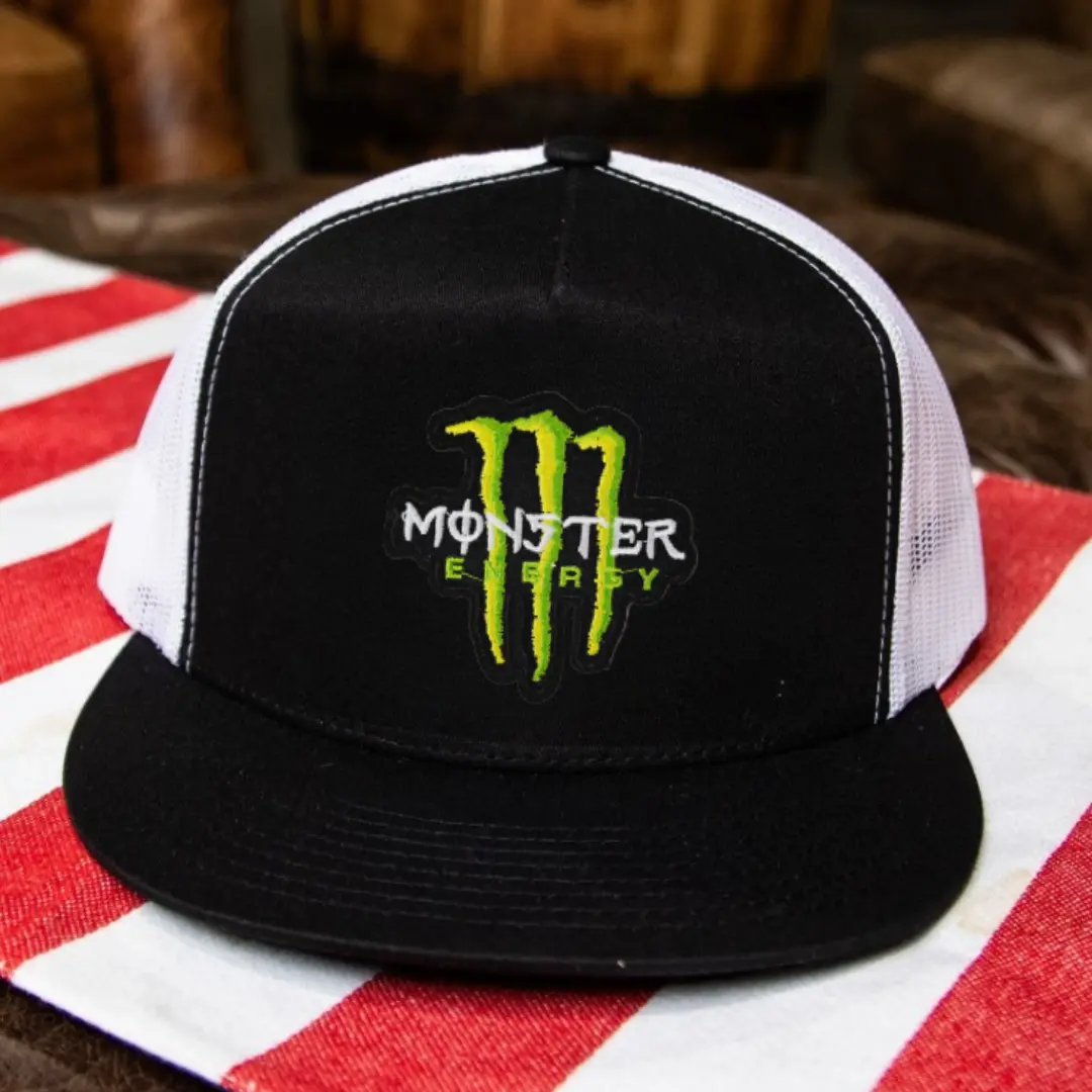 Monster Style Snapback Trucker Hat, Energy Racing Inspired Embroidered Logo Cap, Black White Mesh Back Flat Bill Hat, Adjustable Unisex Streetwear Sports Trucker Cap Gift, 10 Colors Available
