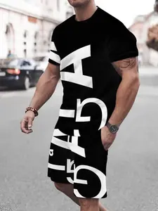 Men's Casual Summer Set, Workout Set, Sporty Set, Athletic Workout Clothing, Bottom Letter Pattern Short Sleeve + Blue Shorts, Breathable Soft Fitted Sportswear