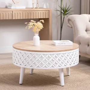 Round Coffee Table with Storage – 31.5" Lift-Top Accent Table, Boho Modern Farmhouse Living Room Furniture, White Carved Base with Natural Wood Top