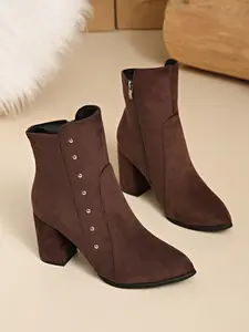 New Side Metal Studs Chunky Heel Ankle Boots, Thick Heeled Boots, Studded Boots, Comfortable Versatile Slimming Design Women Shoes, Casual Elegant Fashion Booties, Winter Booties