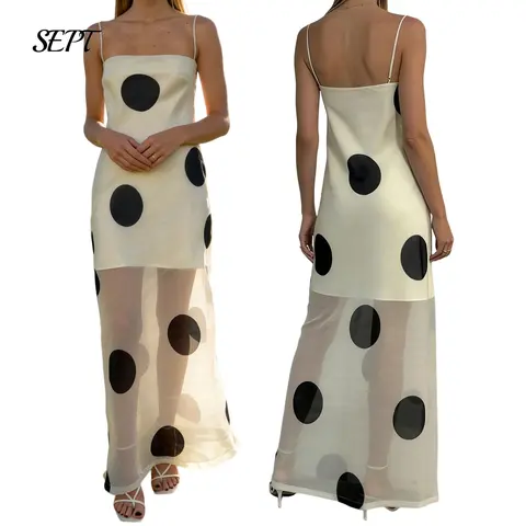 Women Polka Dot Strap Maxi Dress Flowy A Line Ruffle Backless Off Shoulder Long Tube Dress