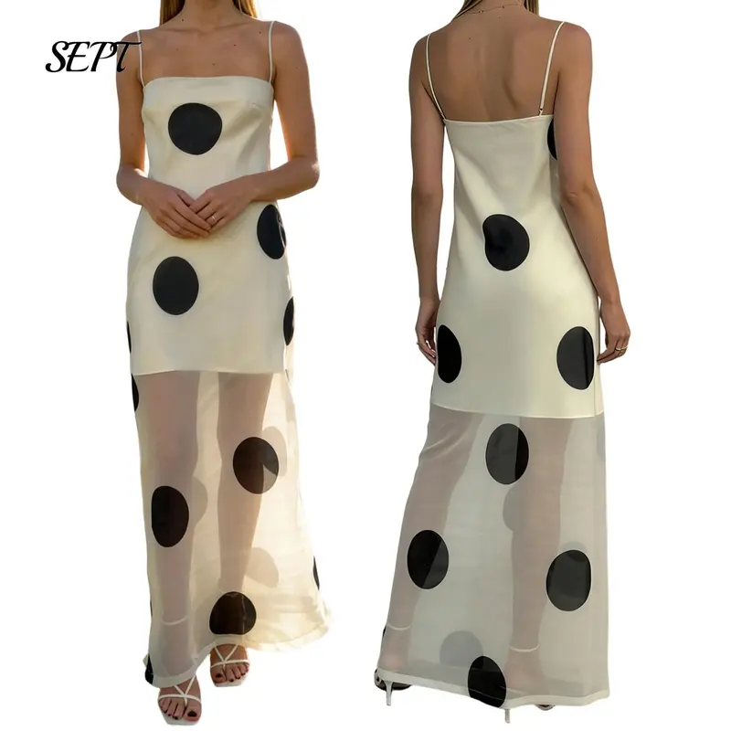 Women Polka Dot Strap Maxi Dress Flowy A Line Ruffle Backless Off Shoulder Long Tube Dress