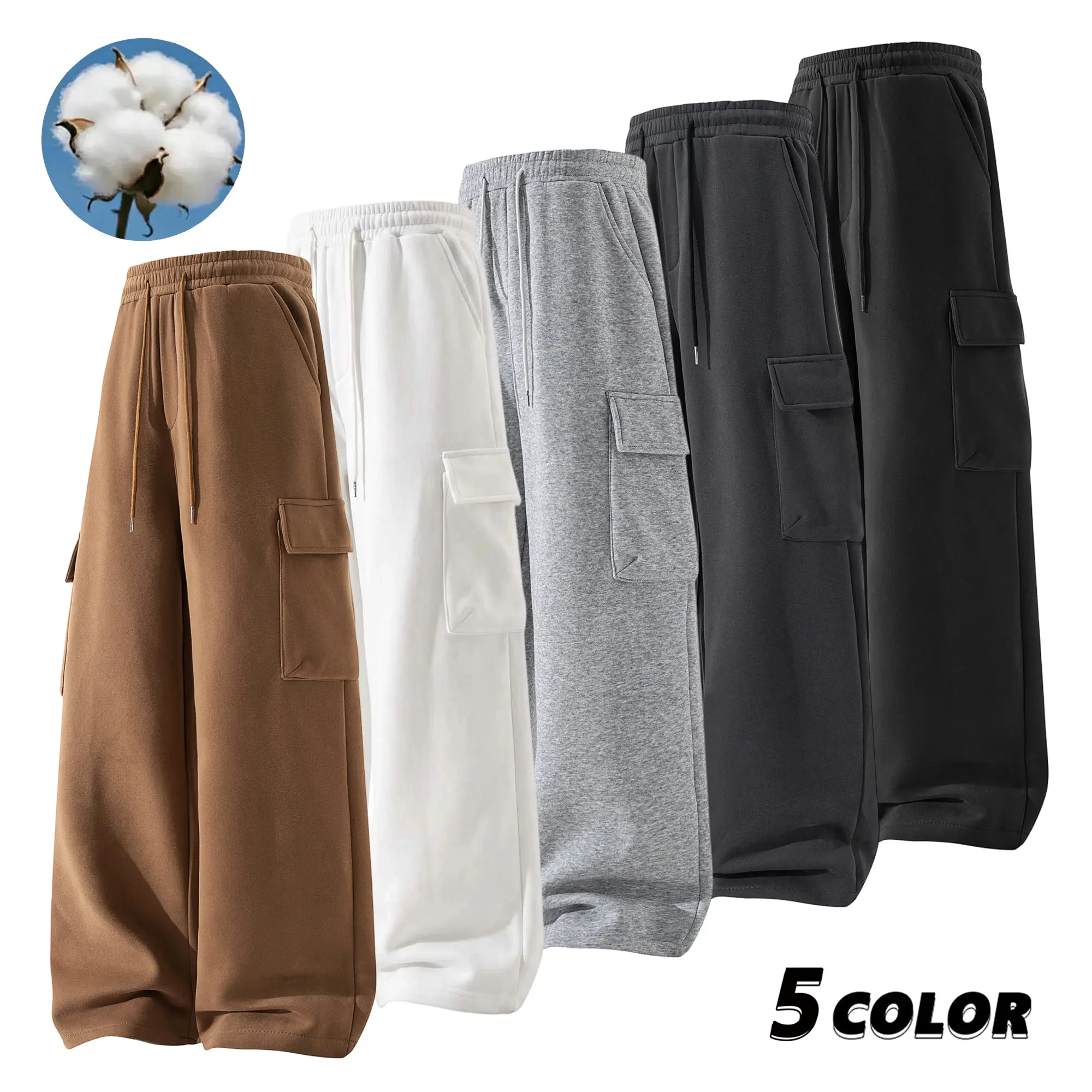 EKF men's cotton cargo sweatpants with a drawstring elastic waistband and large side cargo pockets, loose wide-leg casual pants