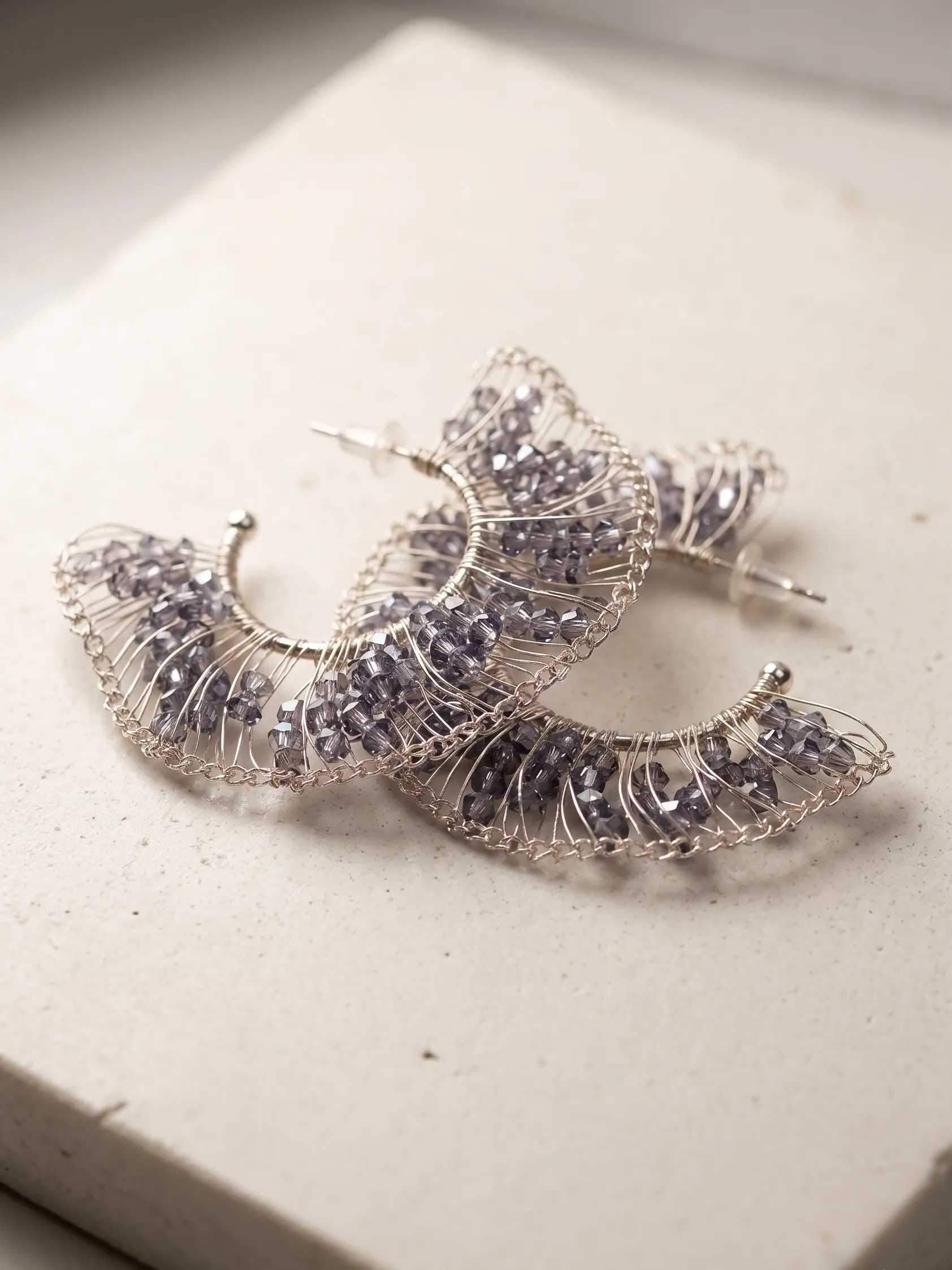 Pearl - Natural Stone Silver Fan Drop Earrings Smoky Crystal Bead Wire Earrings Bridal Statement Jewelry Handmade Silver