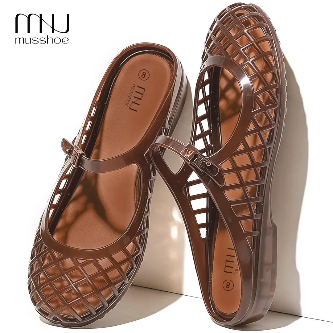 MUSSHOE Women’s Square Toe Mary Jane Jelly Flats - Breathable Ankle Footwear with Woven Cutouts, Water-Friendly, Lightweight, Easy-Clean for Beach Vacations | Women's Shoes