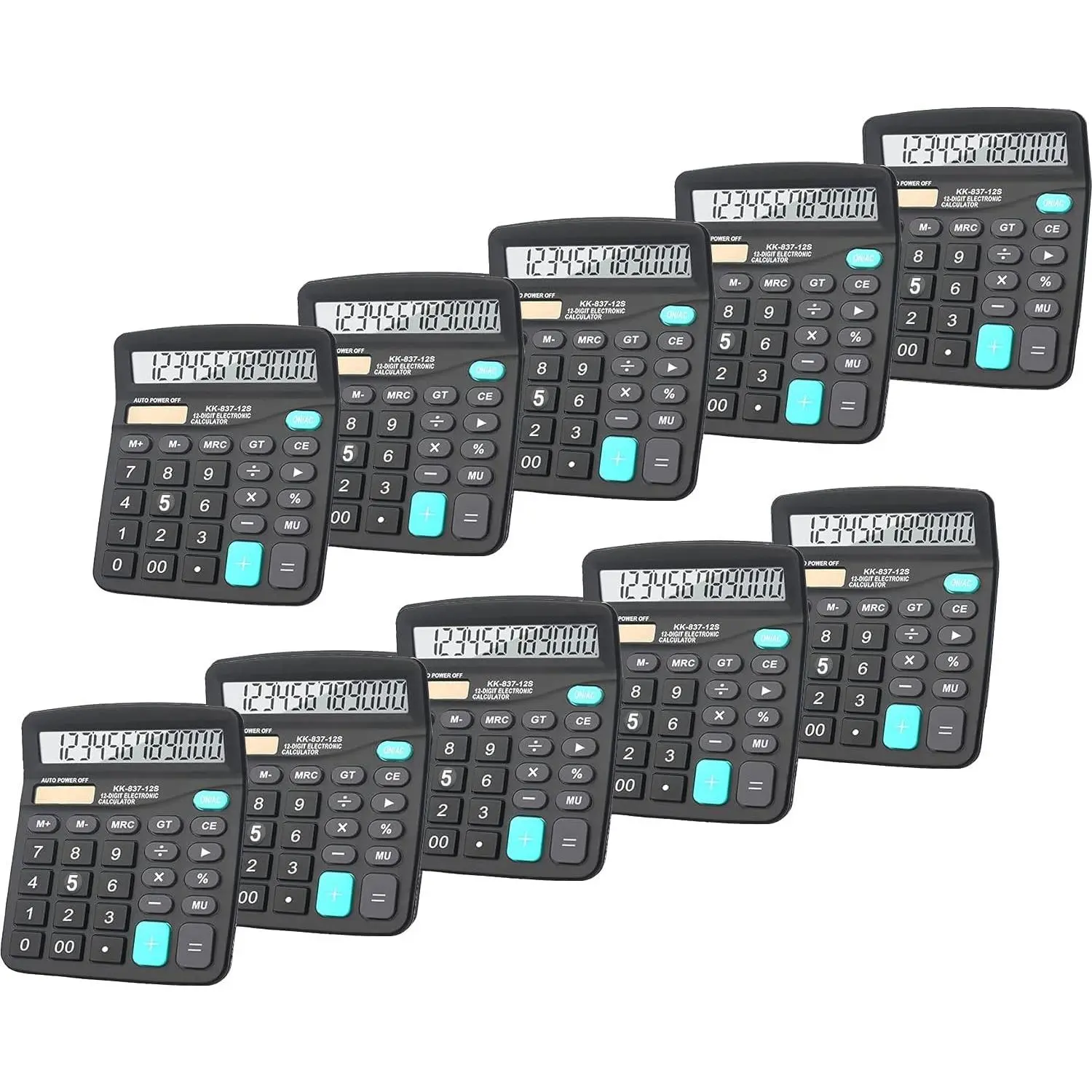 12-Digit Dual Power (Solar Power, Batteries) Handheld Desktop Calculator with Large LCD Display, Big Buttons, Auto-Off for Market Use (Black, Pack of 10), 12 Digits