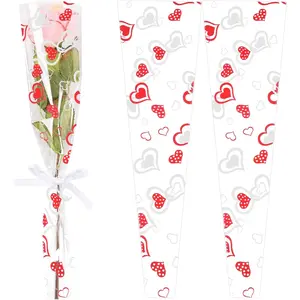 100 count Single Rose Sleeves Heart Single Flower Wrapping Bag Clear Florist Bouquet Packaging Bags Flower Sleeves for Floral Arrangement  Wedding Birthday Valentines Day Party