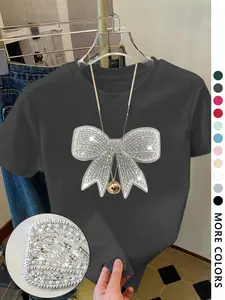 Women's Cartoon Bowknot Print Round Neck Tee, Fashion Casual Crew Neck Short Sleeve T-Shirt for Daily Holiday Vacation Outdoor Wear, Ladies Clothes for All Seasons, Top