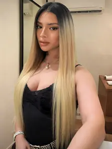 Blonde Ombre 13x4 Lace Front Wig 3 Tone Ombre Dark Root Straight Wig Pre Plucked Hairline Heat Resistant Synthetic Wig Valentine’s Day Dating Look for Women Everyday Wear Work School Valentine’s Gift Present 28 Inch