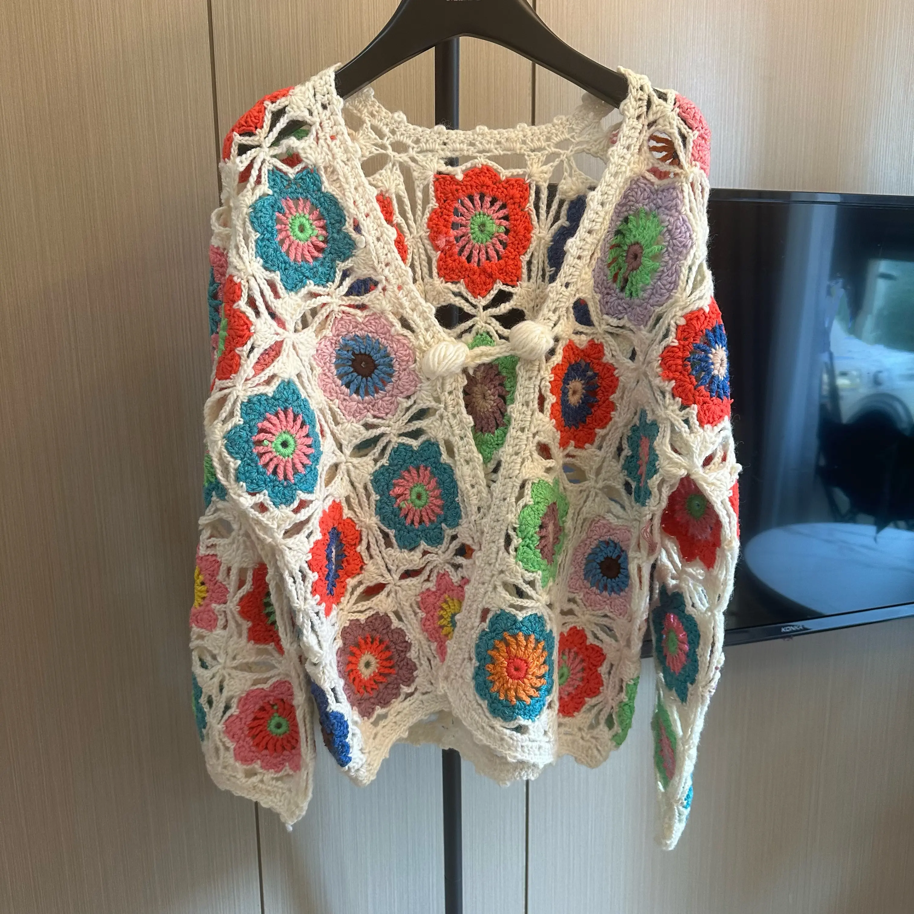 MIAO Women's Handknitted Sweater  V-neck Cardigan 3D Hollow Colorful Flowers Crochet Design Cozy Fashion Knitwear Long Sleeve Floral  Womenswear