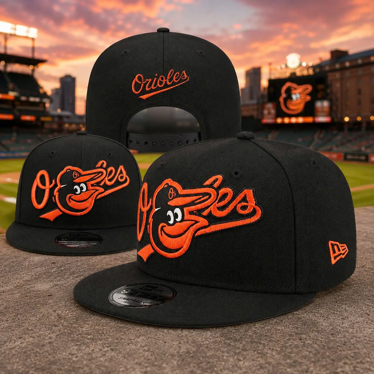 Baltimore Orioles 9FIFTY Snapback Hat – Black & Orange Oversized Bird Embroidered Baseball Cap