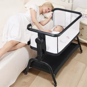 MOREFEEL Bedside Cribs 3 in 1 Baby Bassinet Bedside Sleeper with Adjustable Height Easy Folding Portable Crib Comfy Mattress and Wheels - Black Unisex Design