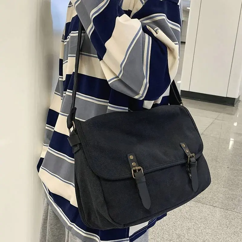 Vintage Canvas Messenger Bag Khaki Large Capacity Crossbody Shoulder Bag Casual Commuter Satchel Student Bookbag Versatile Retro Everyday Purse Dark Academia College Aesthetic Travel Work Bag